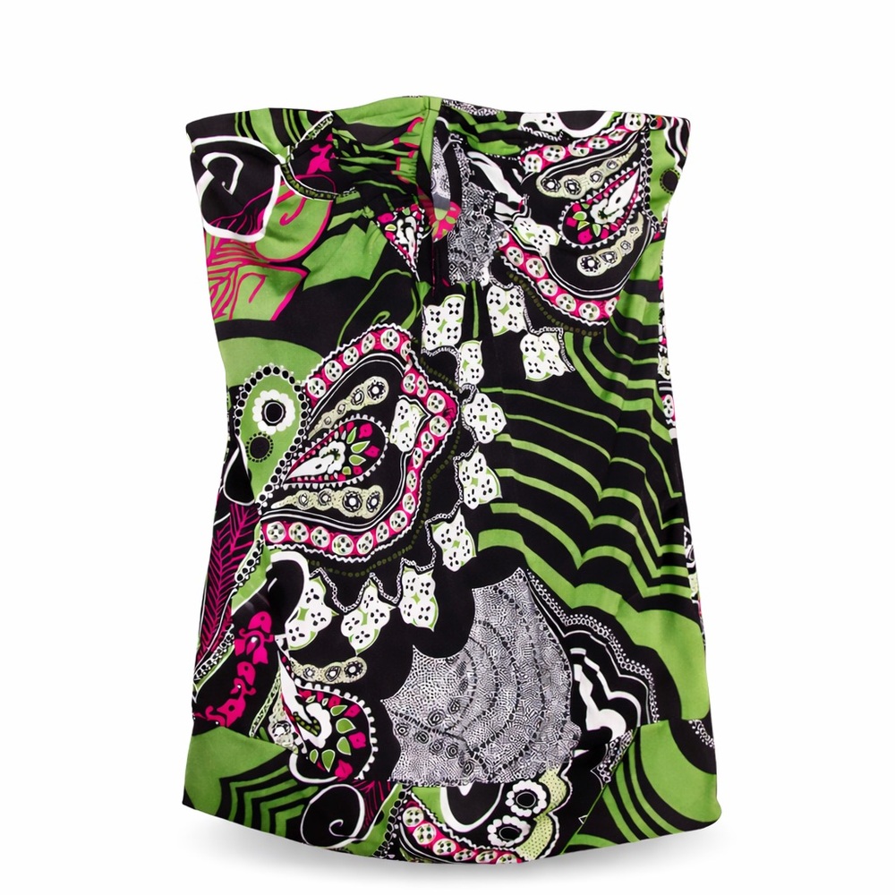 XOXO Strapless Bodycon Dress Medium Green Black Pink Paisley Print